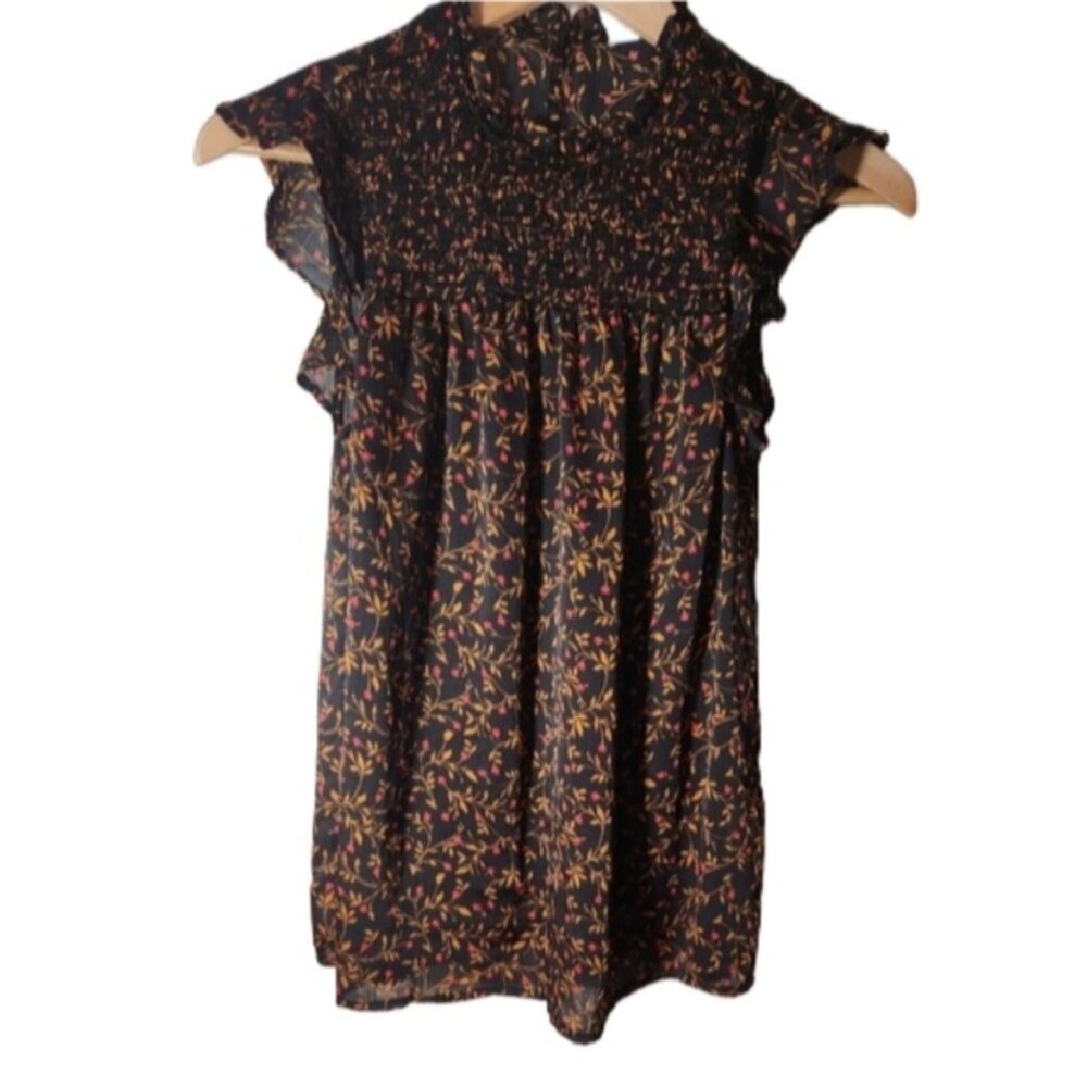 Old Navy Silky Small Ruffle Blouse Gold And Pink Floral Pattern